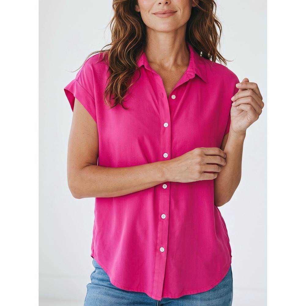 Per Se | Short Sleeve Button Front Blouse | L | Pink | Cuffed Sleeve